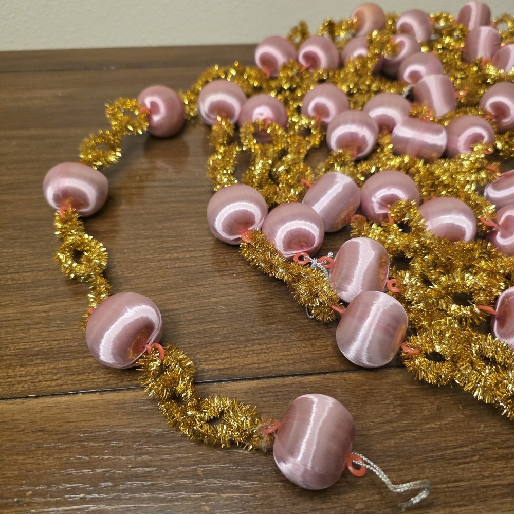 VTG 22 Ft Pink Satin Ball Gold Tinsel Christmas Tree Garland Mid Century